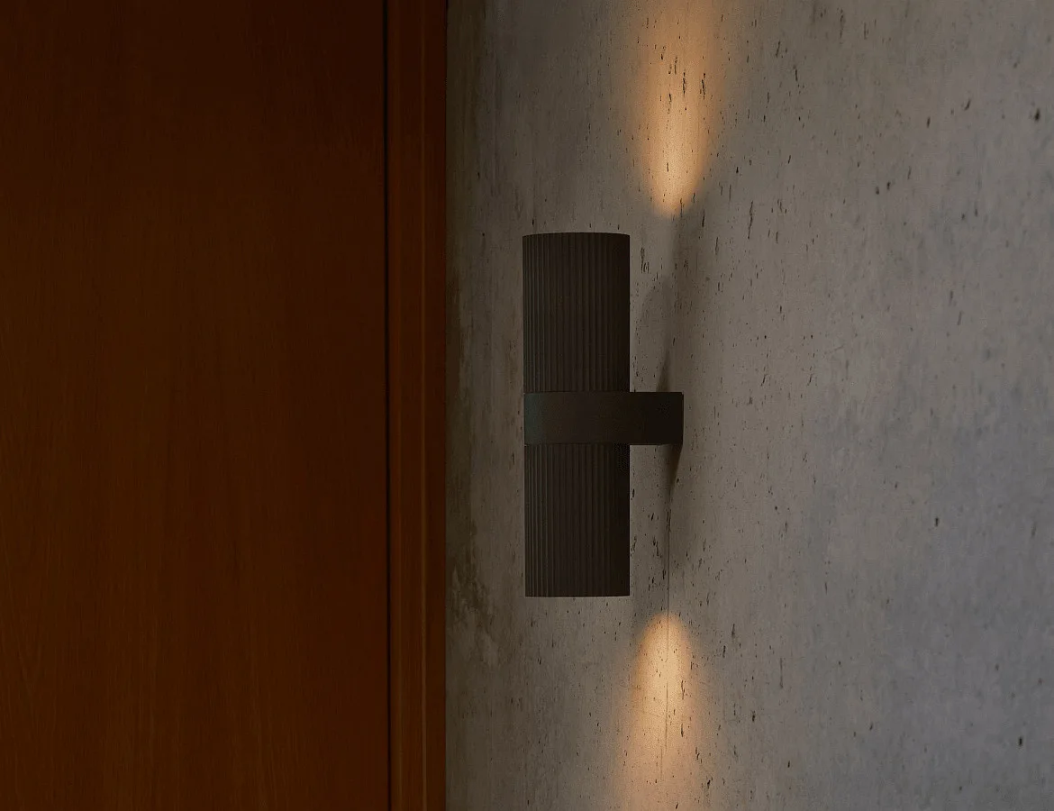 Nordlux Luminaria de pared para exteriores KYKLOP RIPPLE WL MAXI Arriba-Abajo, cilíndrico, con portalámpara E27 IP54, negro mate Nordlux Luminaria de pared para exteriores KYKLOP RIPPLE WL MAXI Arriba-Abajo, cilíndrico, con portalámpara E27 IP54, negro mate