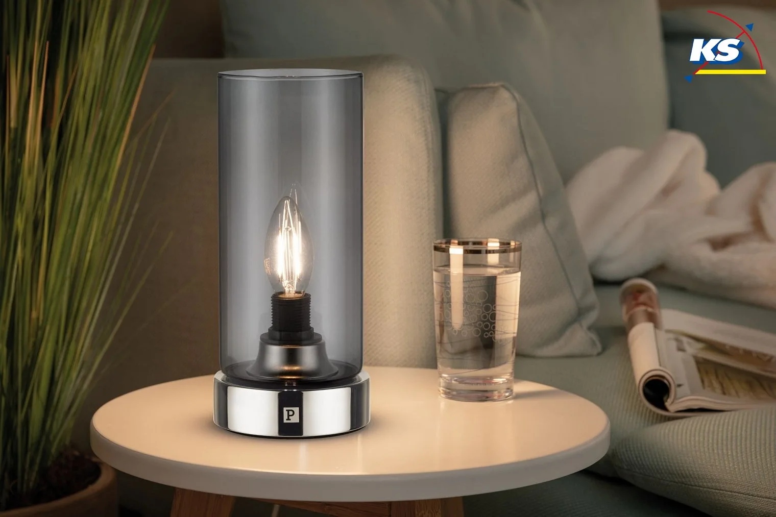 Paulmann table lamp PINJA cylindrical, with switch E14, chrome, smoky colour dimmable Paulmann table lamp PINJA cylindrical, with switch E14, chrome, smoky colour dimmable