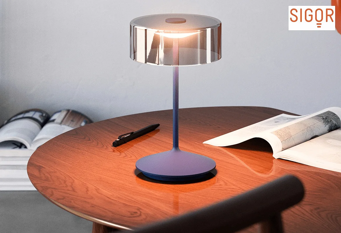 SIGOR Lámpara de mesa a pilas NUMOTION CCT Switch, con regulador táctil IP54, recubrimiento con polvo, azul ciruela regulable SIGOR Lámpara de mesa a pilas NUMOTION CCT Switch, con regulador táctil IP54, recubrimiento con polvo, azul ciruela regulable