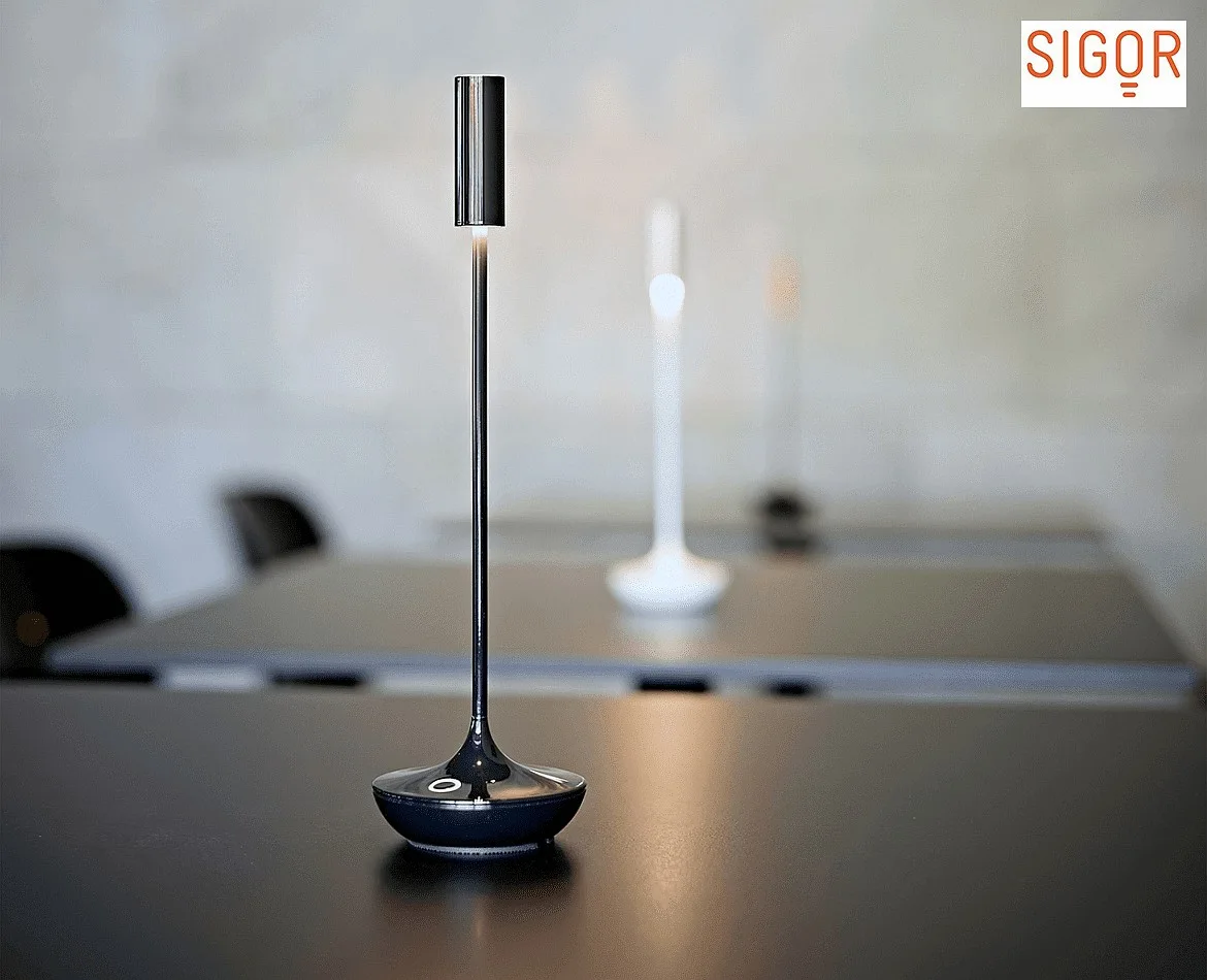 SIGOR Lámpara de mesa a pilas NUCANDLE con regulador táctil IP54, brillante, negro regulable SIGOR Lámpara de mesa a pilas NUCANDLE con regulador táctil IP54, brillante, negro regulable