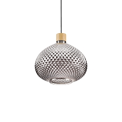 Pendant luminaire BERGEN 3, � 30cm / H 27cm, E27, smoked relief glass / wood / black