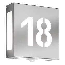 Número de casa iluminado AQUA LEGENDO - NR CUTTED doble, ya está hecho, con detector de movimiento E27 IP44, acero inoxidable