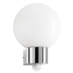 Outdoor wall luminaire AQUA BALL with motion detector, IP44, E27, stainless steel / opal glass
