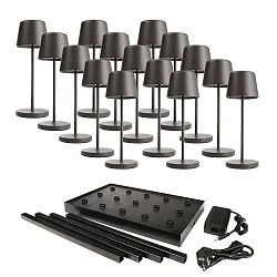 Lámpara de mesa a pilas CANIS MINI GASTRO con regulador táctil, con cargador, 15 piezas IP65, plomo oscuro, mate regulable