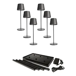 Lámpara de mesa a pilas CANIS GASTRO M con regulador táctil, con cargador, 6 piezas IP65, plomo oscuro, mate regulable