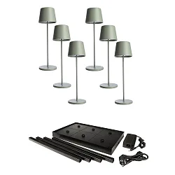 Lámpara de mesa a pilas CANIS GASTRO M con regulador táctil, con cargador, 6 piezas IP65, mate, verde grisáceo regulable