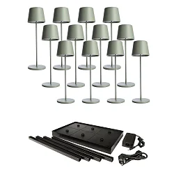 Lámpara de mesa a pilas CANIS GASTRO L con regulador táctil, con cargador, 12 piezas IP65, mate, verde grisáceo regulable