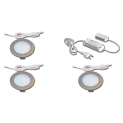 Luminaria de superficie FR 78-LED redondo, juego de 3, con enchufe IP20, acero inoxidable, ópalo regulable