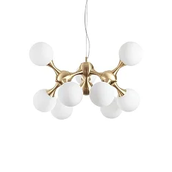 Pendant luminaire NODI, 9 flames, Ø 80cm, E14, connector rotatable, brushed brass / white