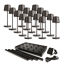 L�mpara de mesa a pilas CANIS MINI GASTRO con regulador t�ctil, con cargador, 15 piezas IP65, plomo oscuro, mate regulable
