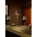 Helestra Lámpara de mesa a pilas KORI angular, indirecta, con regulador táctil IP65, marrón, color oxidado regulable